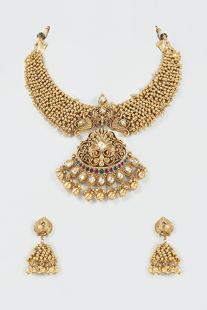 Gold Finish Kundan Polki Temple Necklace Set by VASTRAA Jewellery at Pernia's Pop Up Shop
