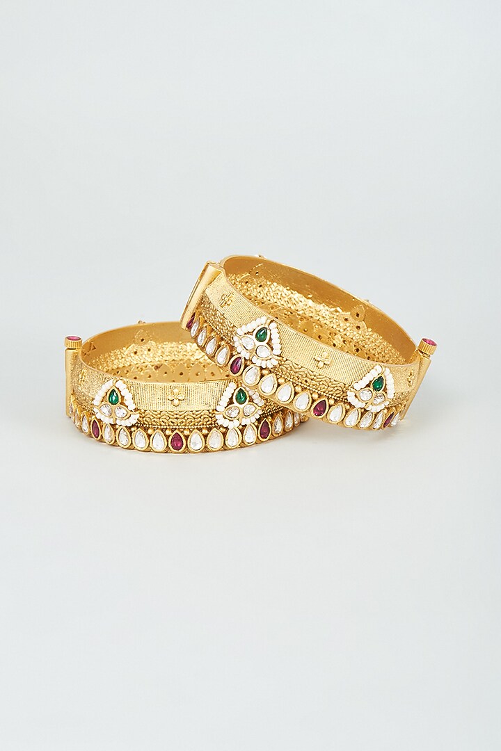 Gold Finish Kundan Polki & Pearl Bangles (Set of 2) by VASTRAA Jewellery at Pernia's Pop Up Shop