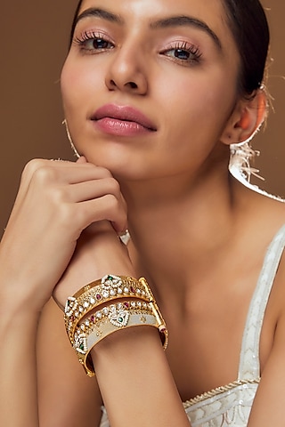 Gold Finish Kundan Polki & Pearl Bangles (Set of 2) by VASTRAA Jewellery