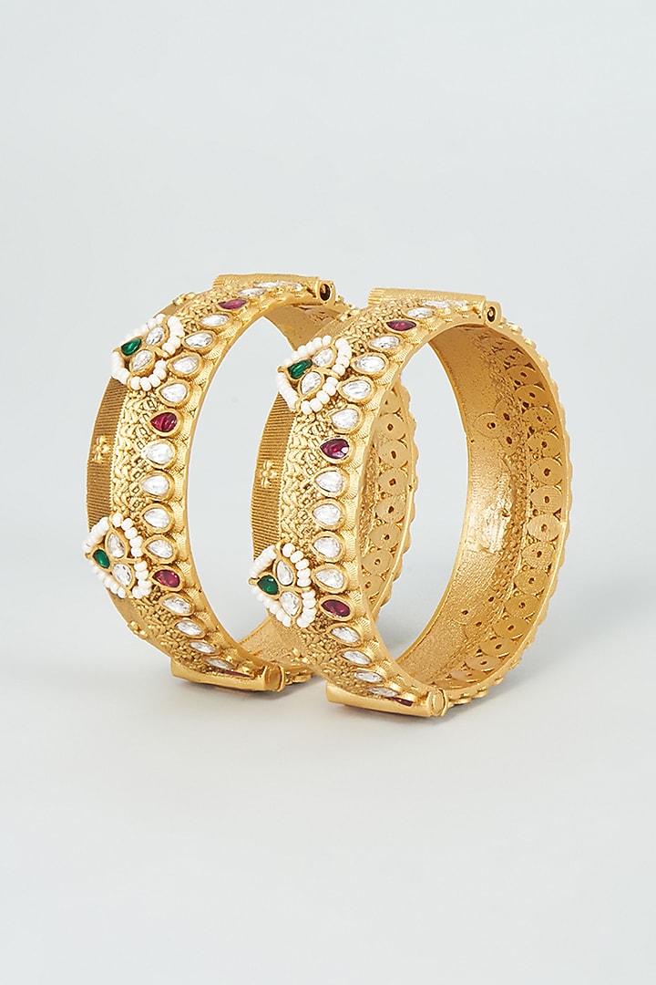 Gold Finish Kundan Polki & Pearl Bangles (Set of 2) by VASTRAA Jewellery at Pernia's Pop Up Shop