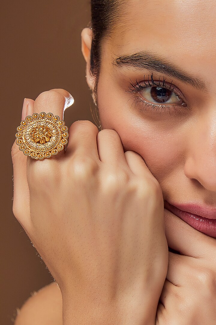 Gold Finish Kundan Polki Temple Ring by VASTRAA Jewellery at Pernia's Pop Up Shop