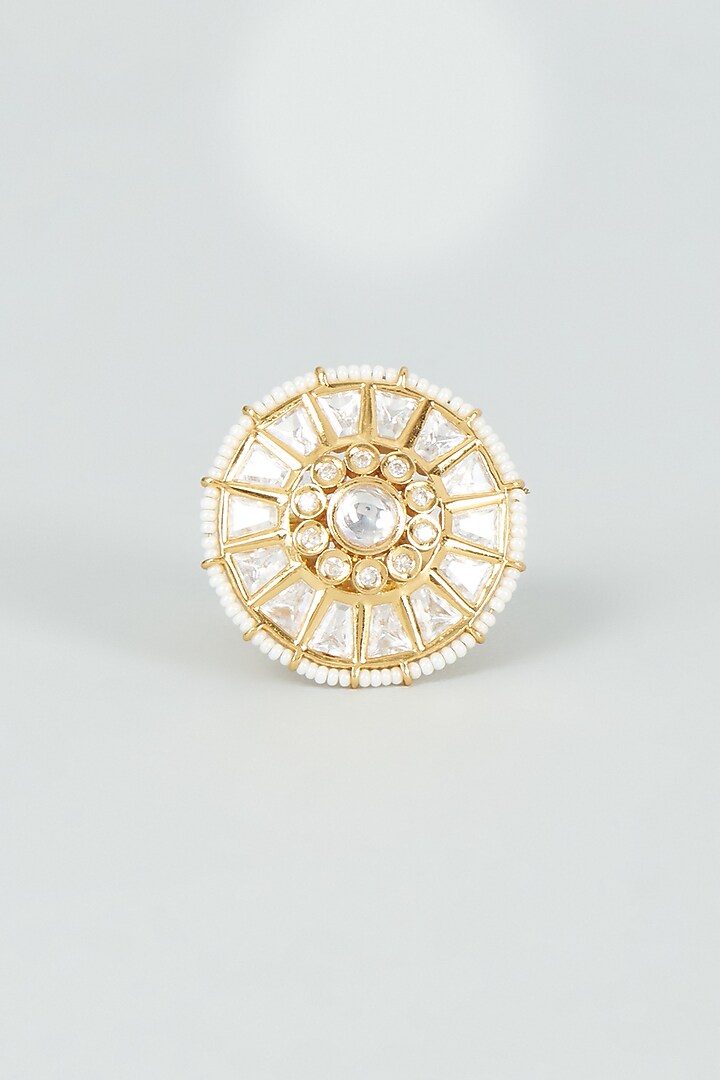 Gold Finish Kundan Polki & Pearl Ring by VASTRAA Jewellery at Pernia's Pop Up Shop
