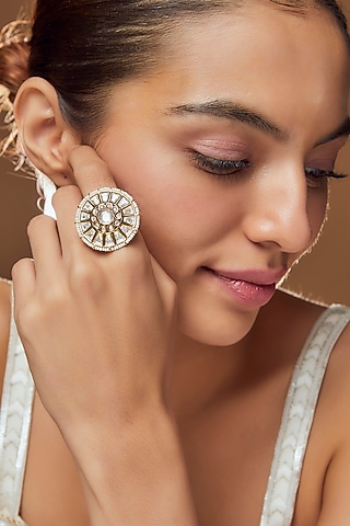 Gold Finish Kundan Polki & Pearl Ring by VASTRAA Jewellery