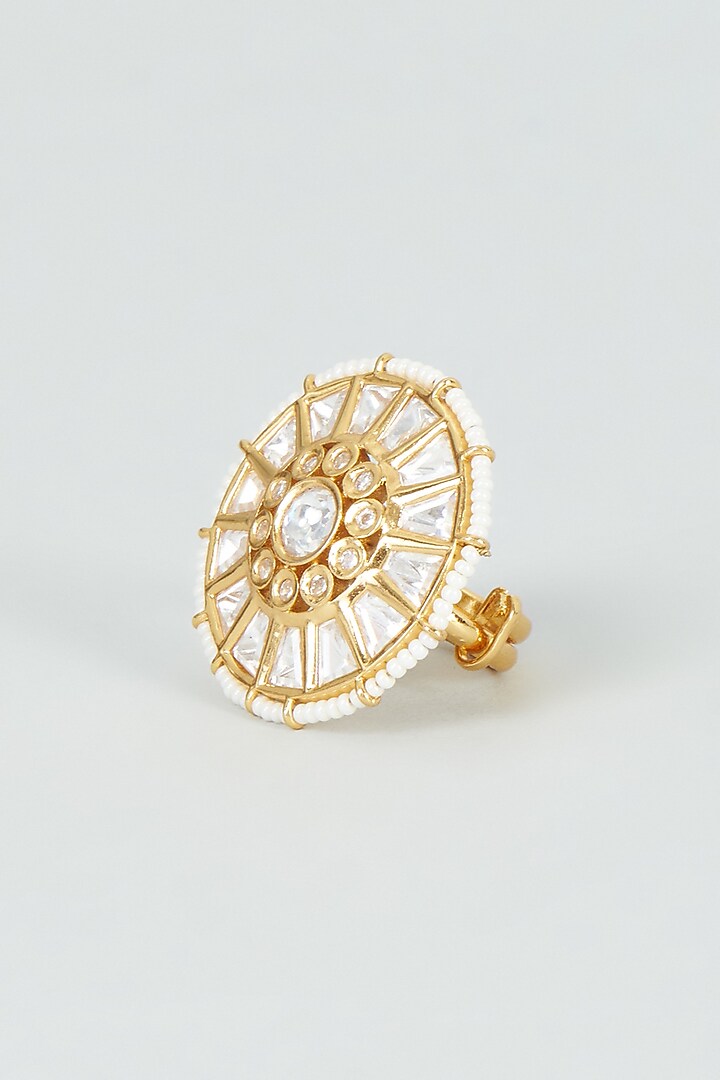Gold Finish Kundan Polki & Pearl Ring by VASTRAA Jewellery at Pernia's Pop Up Shop