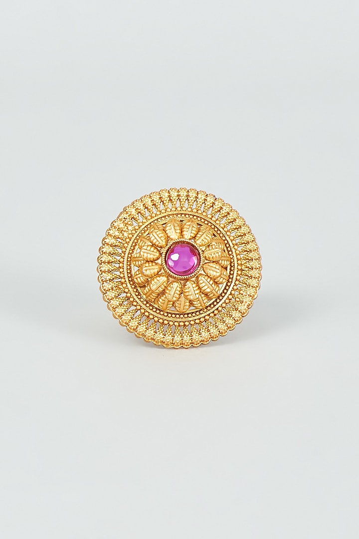 Gold Finish Red Synthetic Stone Temple Ring by VASTRAA Jewellery at Pernia's Pop Up Shop