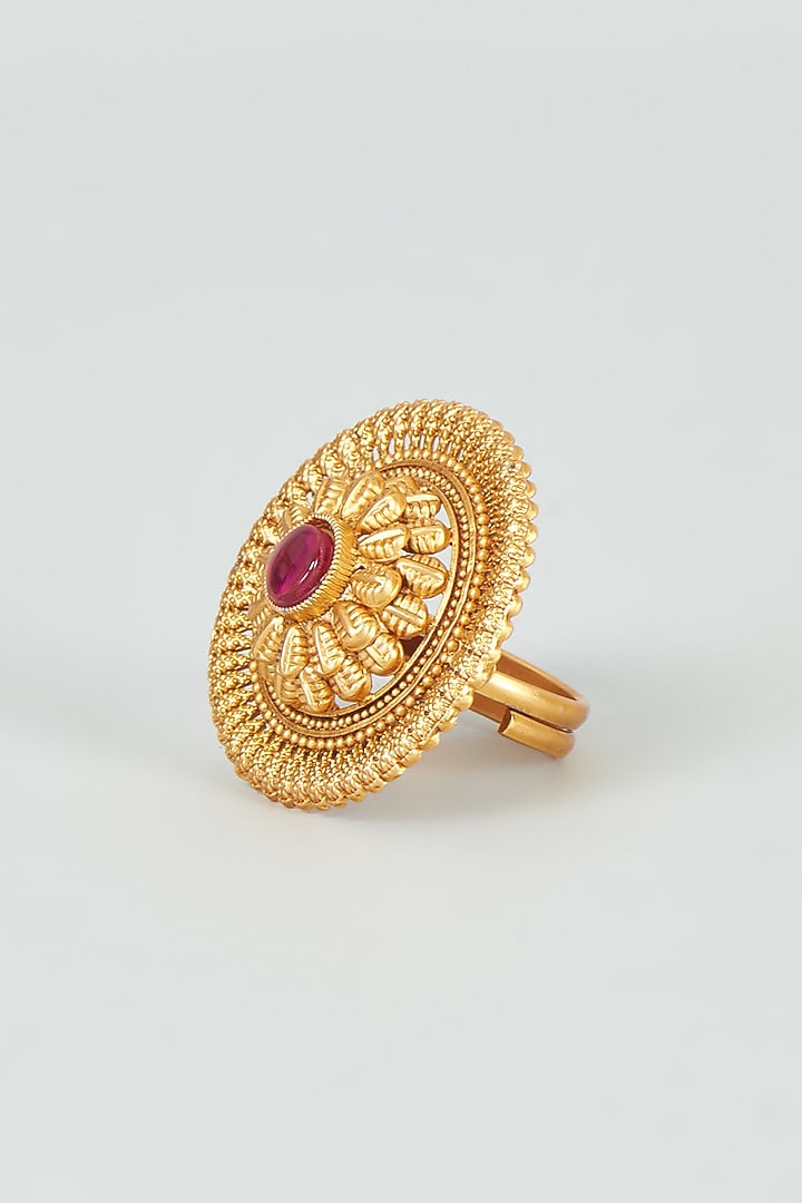 Gold Finish Red Synthetic Stone Temple Ring by VASTRAA Jewellery at Pernia's Pop Up Shop