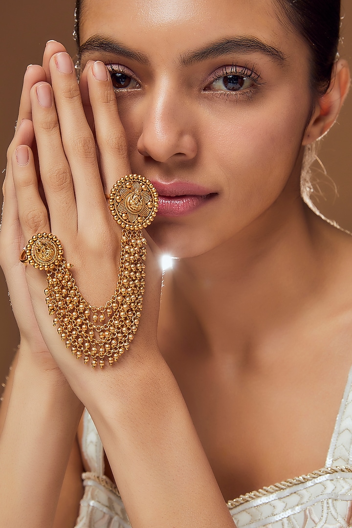 Gold Finish Kundan Polki Temple Ring by VASTRAA Jewellery at Pernia's Pop Up Shop