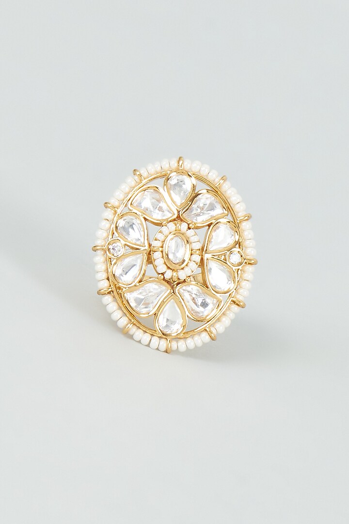 Gold Finish Kundan Polki & Pearl Ring by VASTRAA Jewellery at Pernia's Pop Up Shop