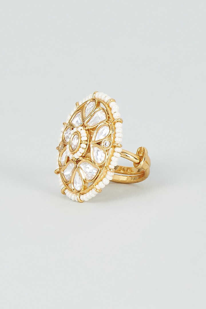 Gold Finish Kundan Polki & Pearl Ring by VASTRAA Jewellery at Pernia's Pop Up Shop
