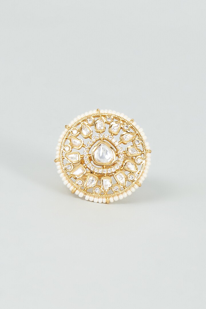 Gold Finish Kundan Polki & Pearl Ring by VASTRAA Jewellery at Pernia's Pop Up Shop