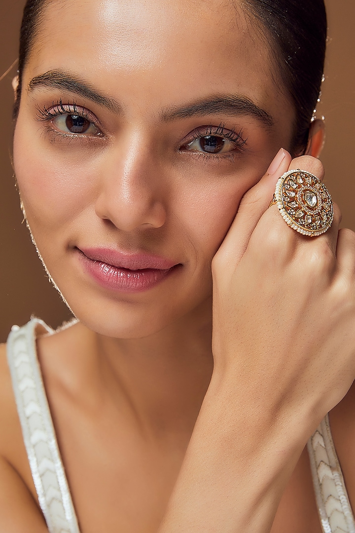 Gold Finish Kundan Polki & Pearl Ring by VASTRAA Jewellery