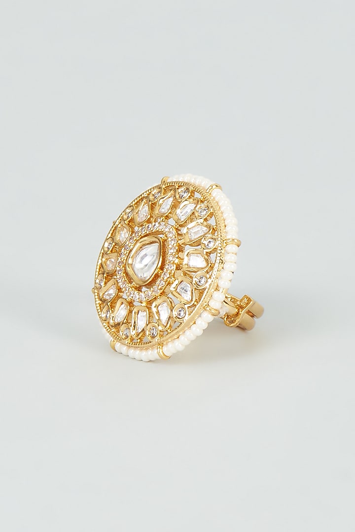 Gold Finish Kundan Polki & Pearl Ring by VASTRAA Jewellery at Pernia's Pop Up Shop