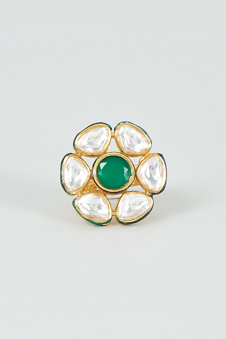 Gold Finish Kundan Polki & Green Stone Ring by VASTRAA Jewellery at Pernia's Pop Up Shop