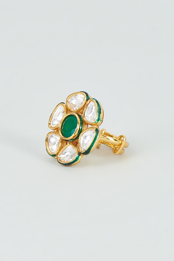 Gold Finish Kundan Polki & Green Stone Ring by VASTRAA Jewellery at Pernia's Pop Up Shop