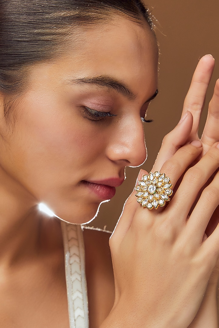 Gold Finish Kundan Polki Ring by VASTRAA Jewellery at Pernia's Pop Up Shop