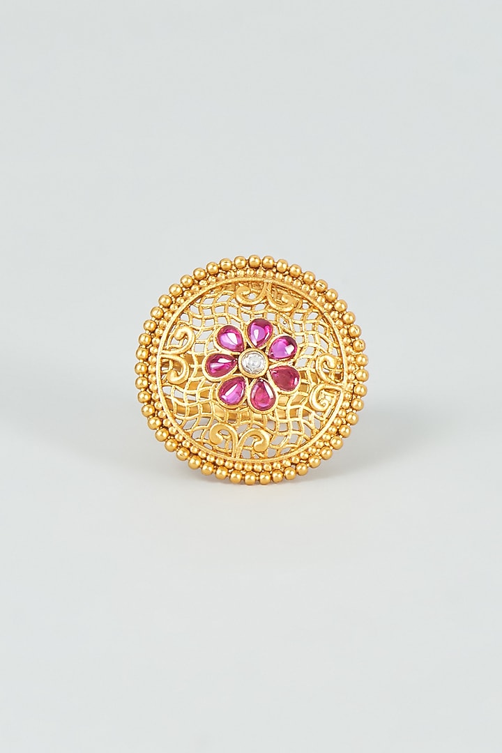 Gold Finish Red Synthetic Stone Temple Ring by VASTRAA Jewellery at Pernia's Pop Up Shop