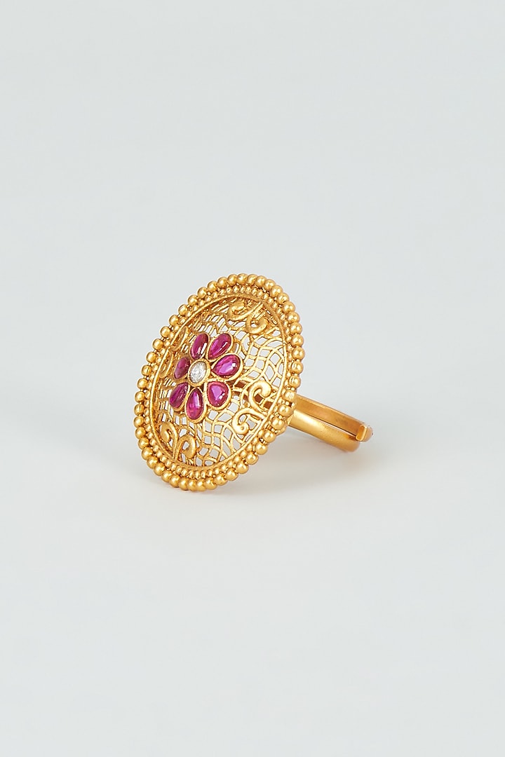 Gold Finish Red Synthetic Stone Temple Ring by VASTRAA Jewellery at Pernia's Pop Up Shop