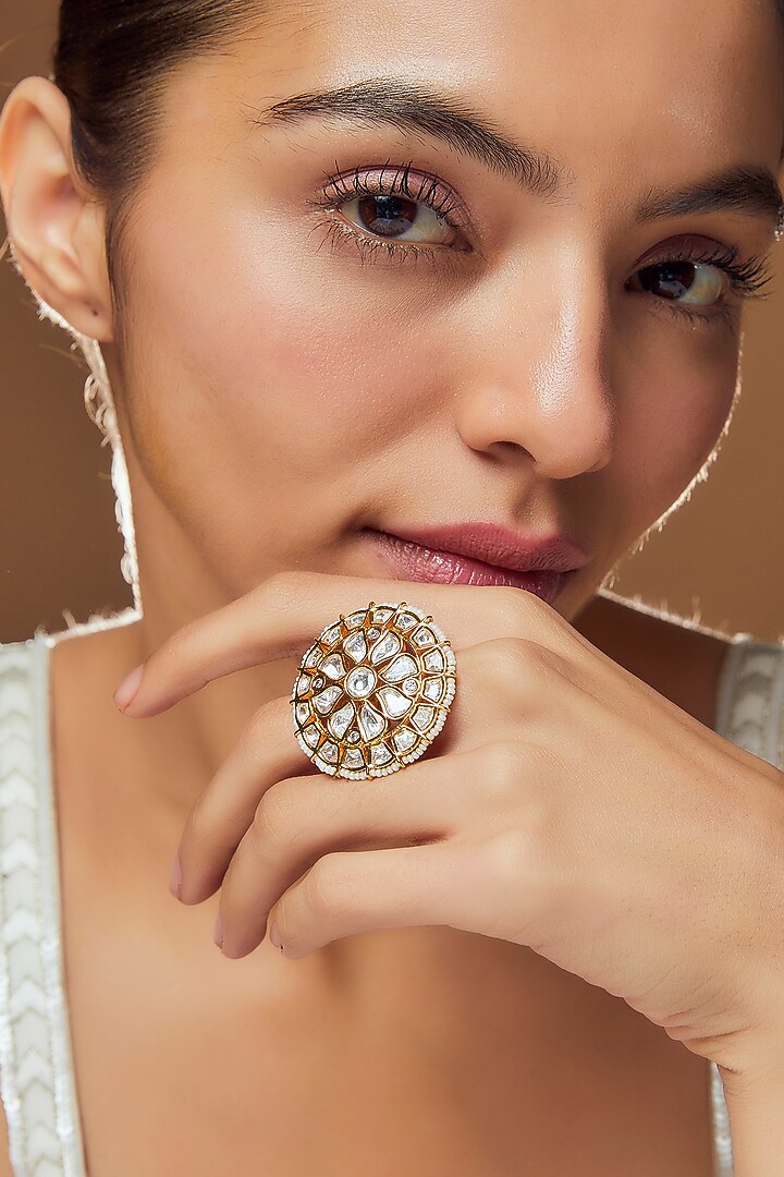 Gold Finish Kundan Polki Ring by VASTRAA Jewellery at Pernia's Pop Up Shop