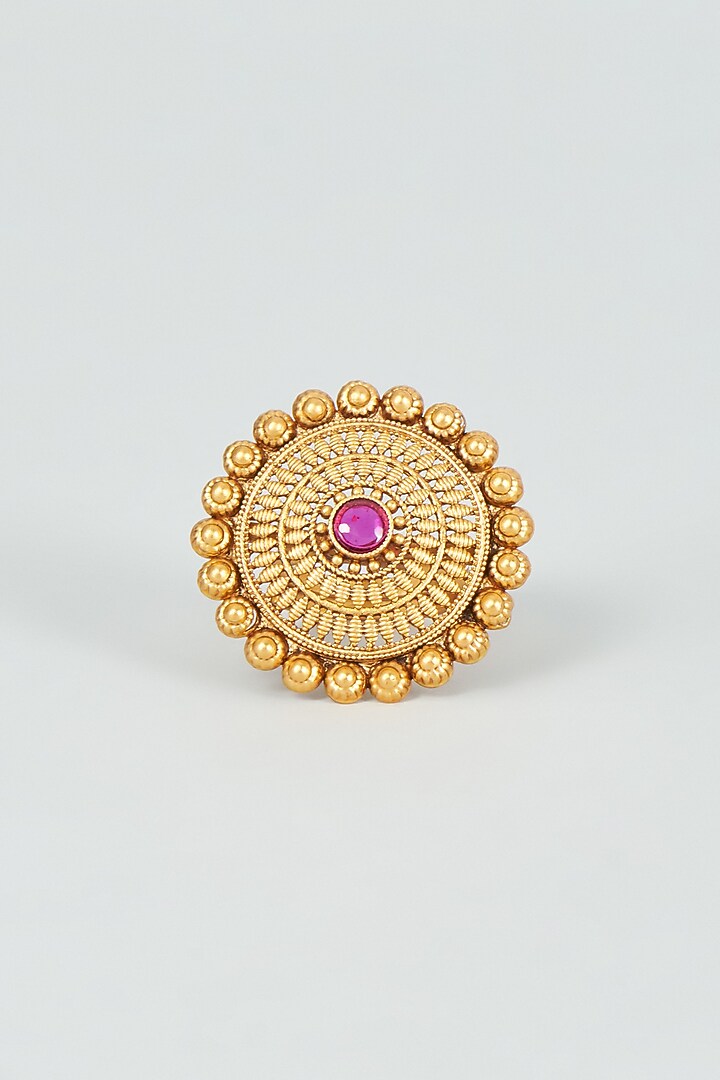 Gold Finish Red Synthetic Stone Temple Ring by VASTRAA Jewellery at Pernia's Pop Up Shop