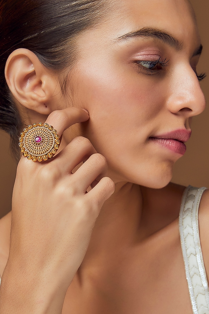 Gold Finish Red Synthetic Stone Temple Ring by VASTRAA Jewellery at Pernia's Pop Up Shop