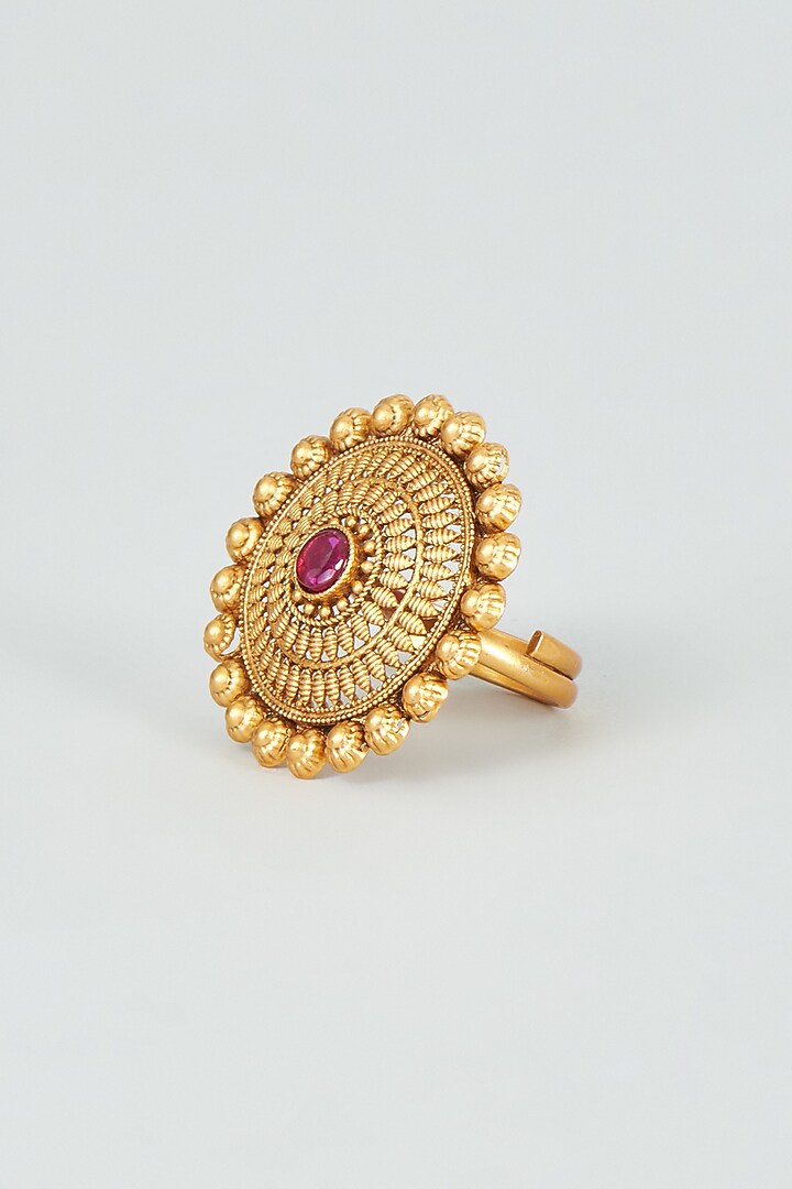 Gold Finish Red Synthetic Stone Temple Ring by VASTRAA Jewellery at Pernia's Pop Up Shop