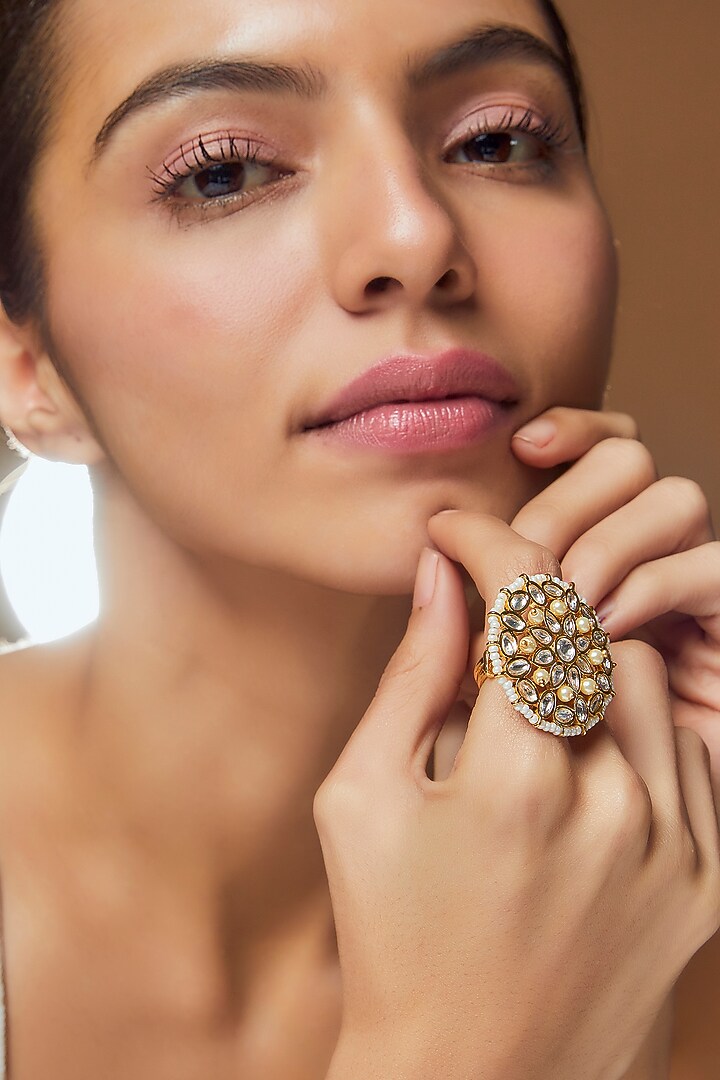 Gold Finish Kundan Polki Ring by VASTRAA Jewellery at Pernia's Pop Up Shop