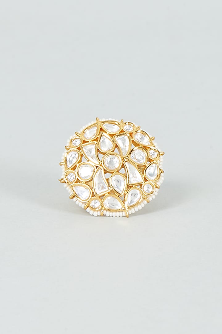 Gold Finish Kundan Polki & Pearl Ring by VASTRAA Jewellery at Pernia's Pop Up Shop
