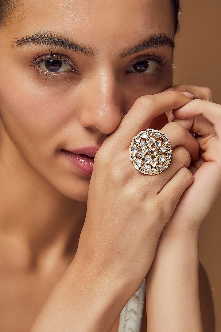 Gold Finish Kundan Polki & Pearl Ring by VASTRAA Jewellery