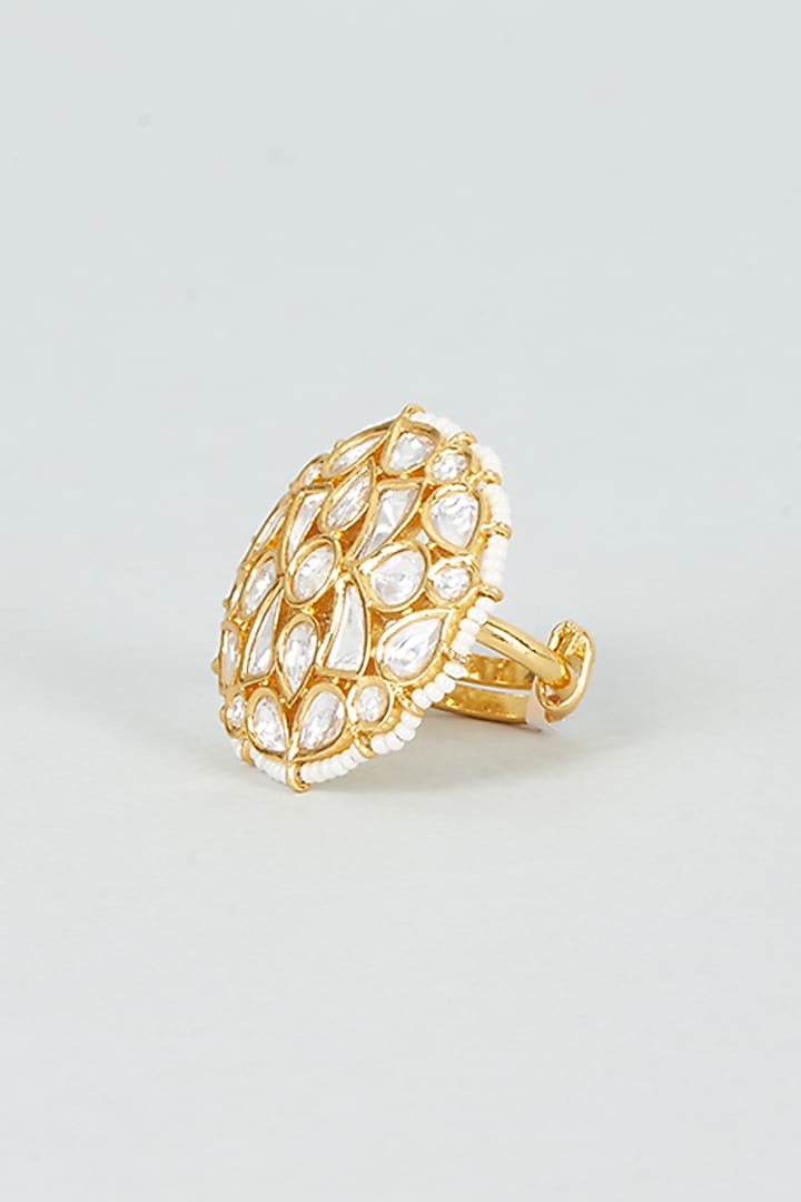 Gold Finish Kundan Polki & Pearl Ring by VASTRAA Jewellery at Pernia's Pop Up Shop