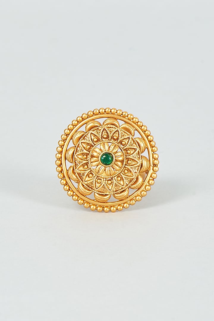 Gold Finish Green Synthetic & Kundan Polki Temple Ring by VASTRAA Jewellery at Pernia's Pop Up Shop