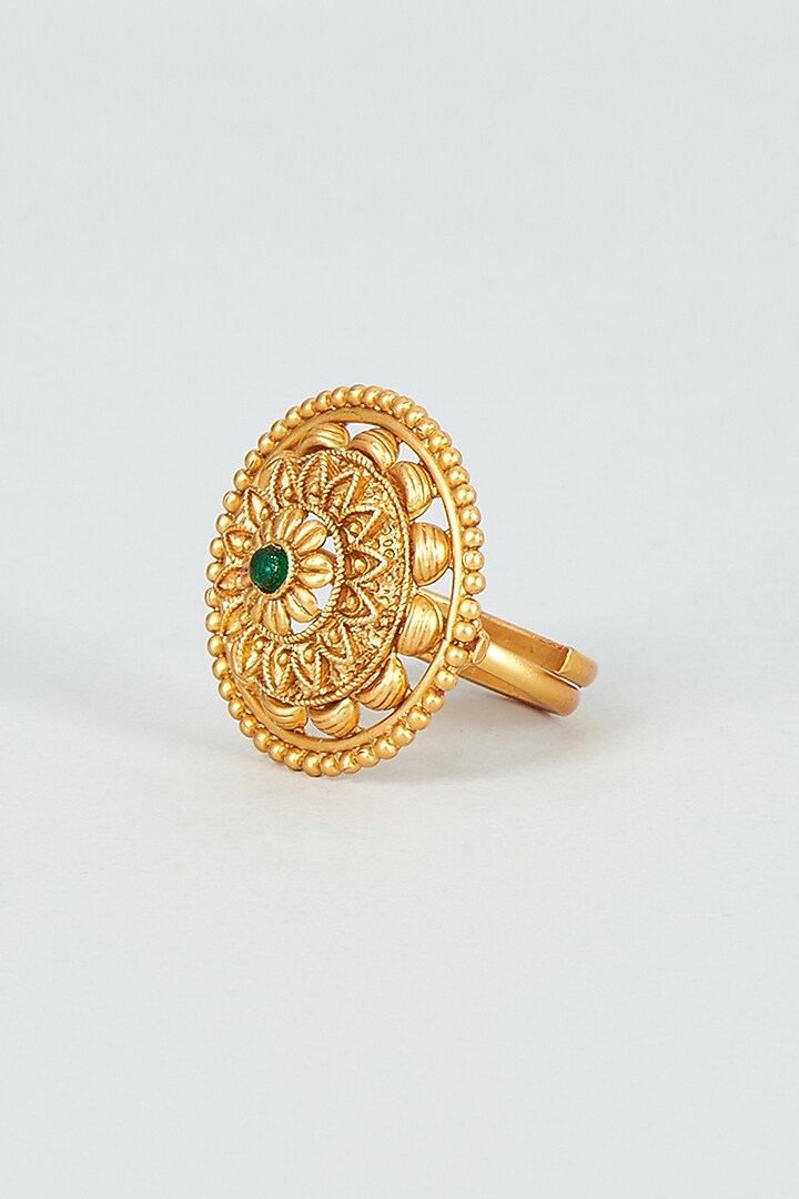 Gold Finish Green Synthetic & Kundan Polki Temple Ring by VASTRAA Jewellery at Pernia's Pop Up Shop