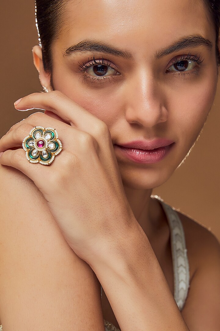 Gold Finish Kundan Polki Ring by VASTRAA Jewellery at Pernia's Pop Up Shop