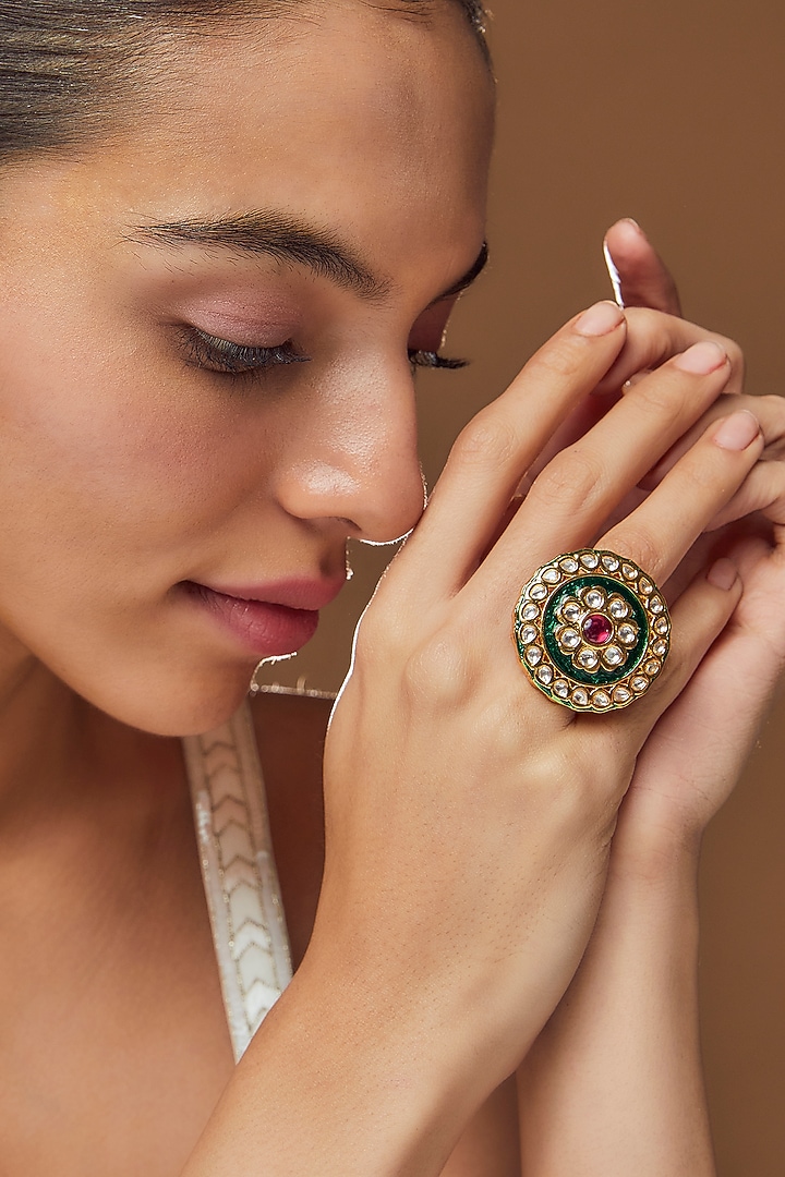 Gold Finish Kundan Polki Ring by VASTRAA Jewellery at Pernia's Pop Up Shop