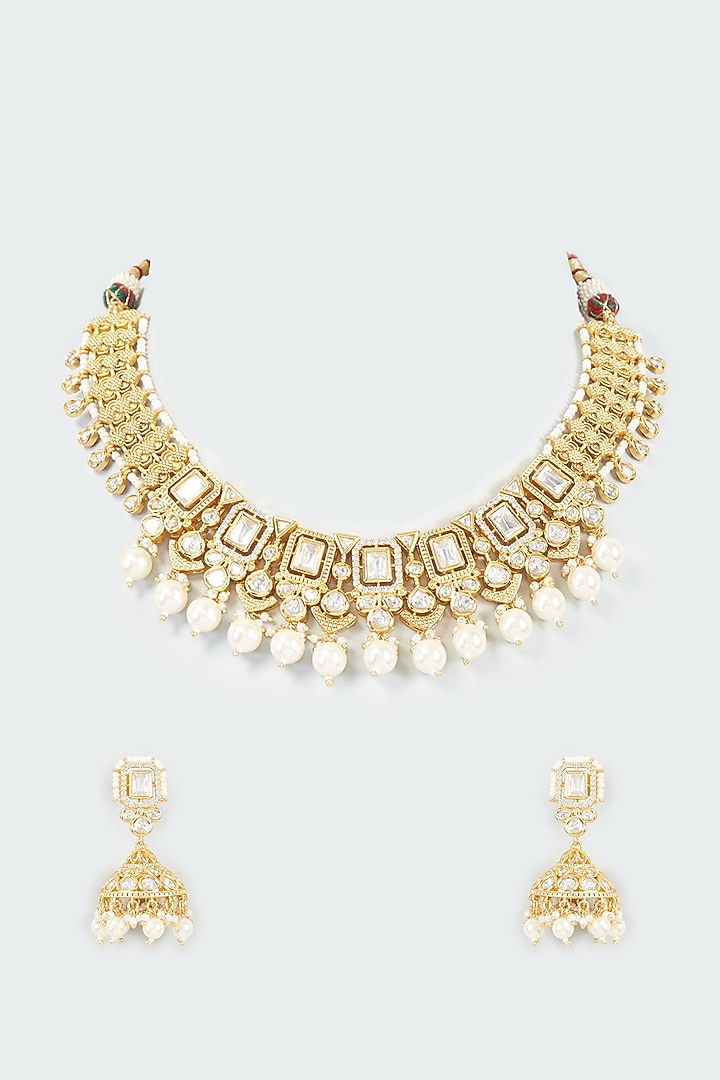 Gold Finish Kundan Polki & Pearl Temple Choker Necklace Set by VASTRAA Jewellery at Pernia's Pop Up Shop