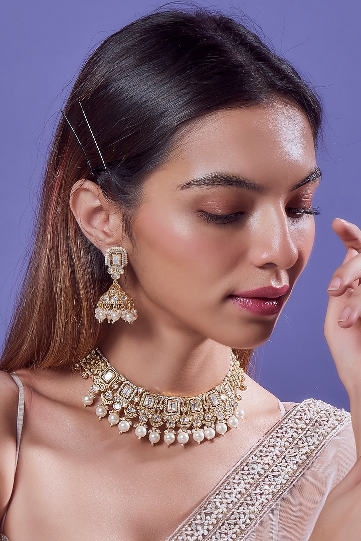Gold Finish Kundan Polki & Pearl Temple Choker Necklace Set by VASTRAA Jewellery at Pernia's Pop Up Shop