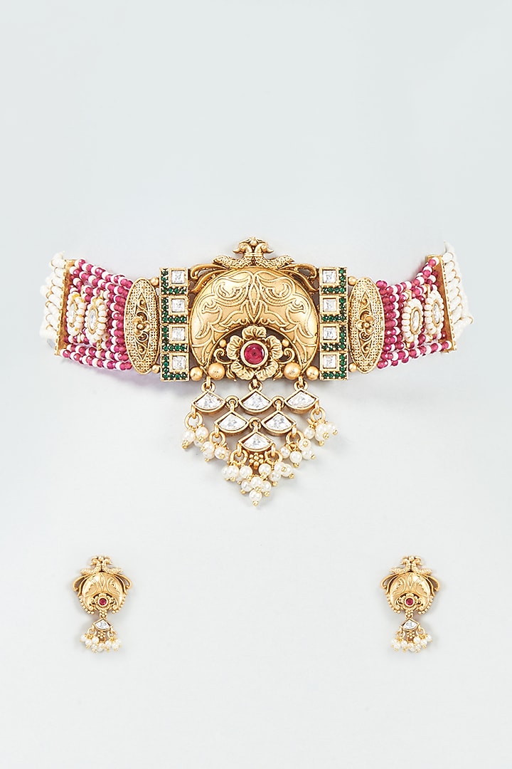 Gold Finish Kundan Polki Choker Temple Necklace Set by VASTRAA Jewellery at Pernia's Pop Up Shop