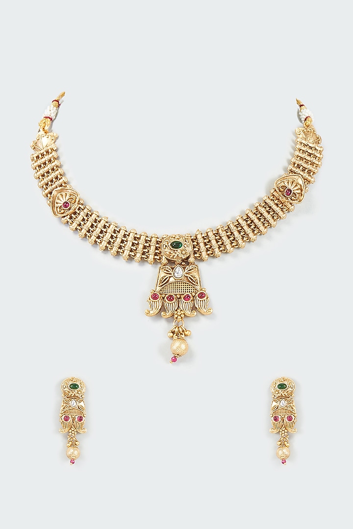 Gold Finish Kundan Polki & Gold Beaded Temple Choker Necklace Set by VASTRAA Jewellery at Pernia's Pop Up Shop