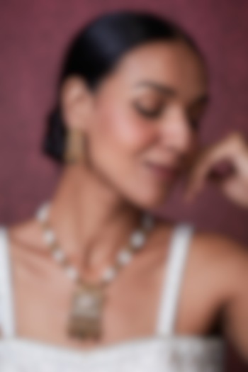 Gold Finish Kundan Polki Long Temple Necklace Set by VASTRAA Jewellery at Pernia's Pop Up Shop