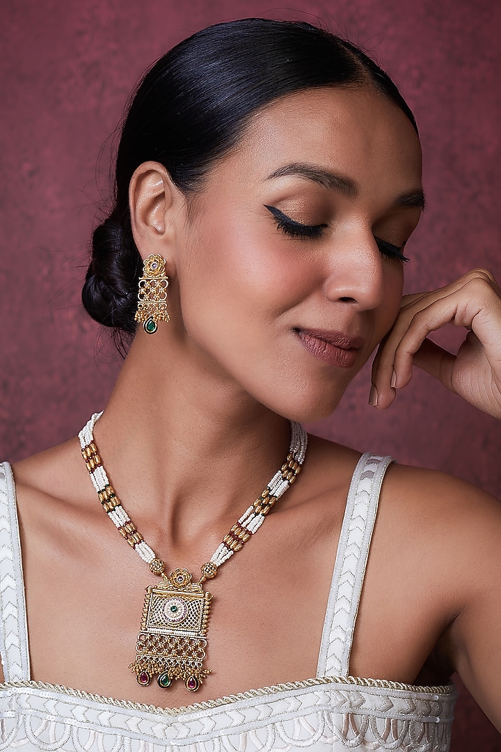 Gold Finish Kundan Polki Long Temple Necklace Set by VASTRAA Jewellery at Pernia's Pop Up Shop