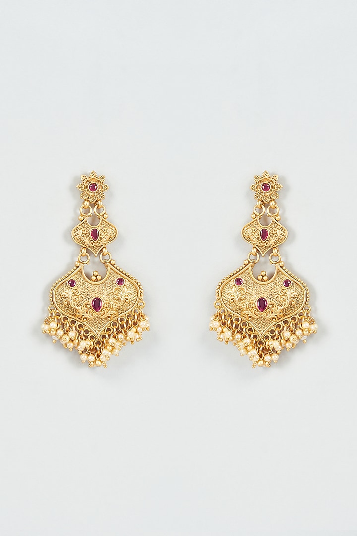 Gold Finish Ruby Temple Dangler Earrings by VASTRAA Jewellery at Pernia's Pop Up Shop