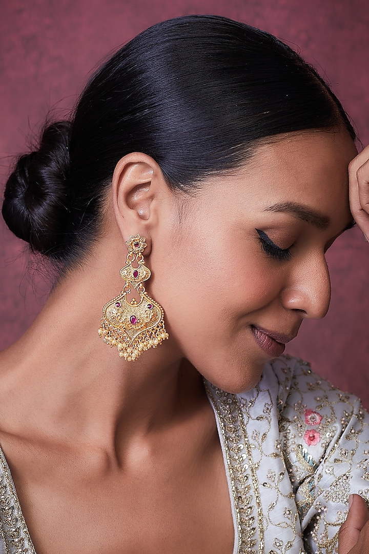 Gold Finish Ruby Temple Dangler Earrings by VASTRAA Jewellery