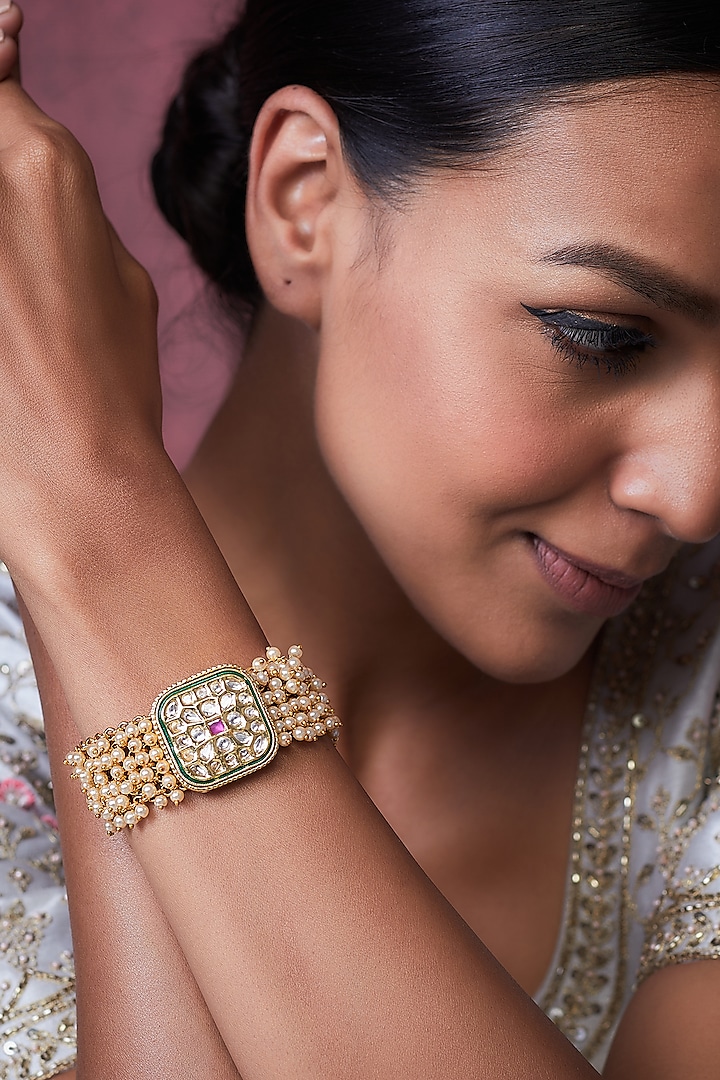 Gold Finish Kundan Polki Bracelets by VASTRAA Jewellery