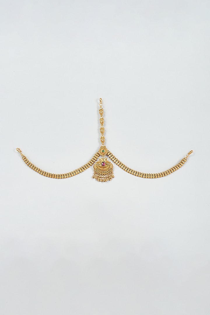Gold Finish Kundan Polki Temple Mathapatti by VASTRAA Jewellery at Pernia's Pop Up Shop
