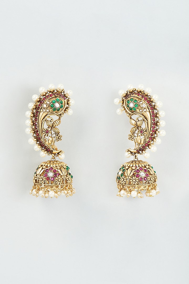Gold Finish Kundan Polki Temple Jhumka Earrings by VASTRAA Jewellery at Pernia's Pop Up Shop