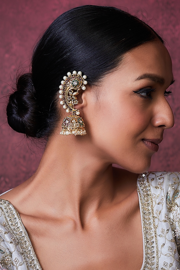 Gold Finish Kundan Polki Temple Jhumka Earrings by VASTRAA Jewellery