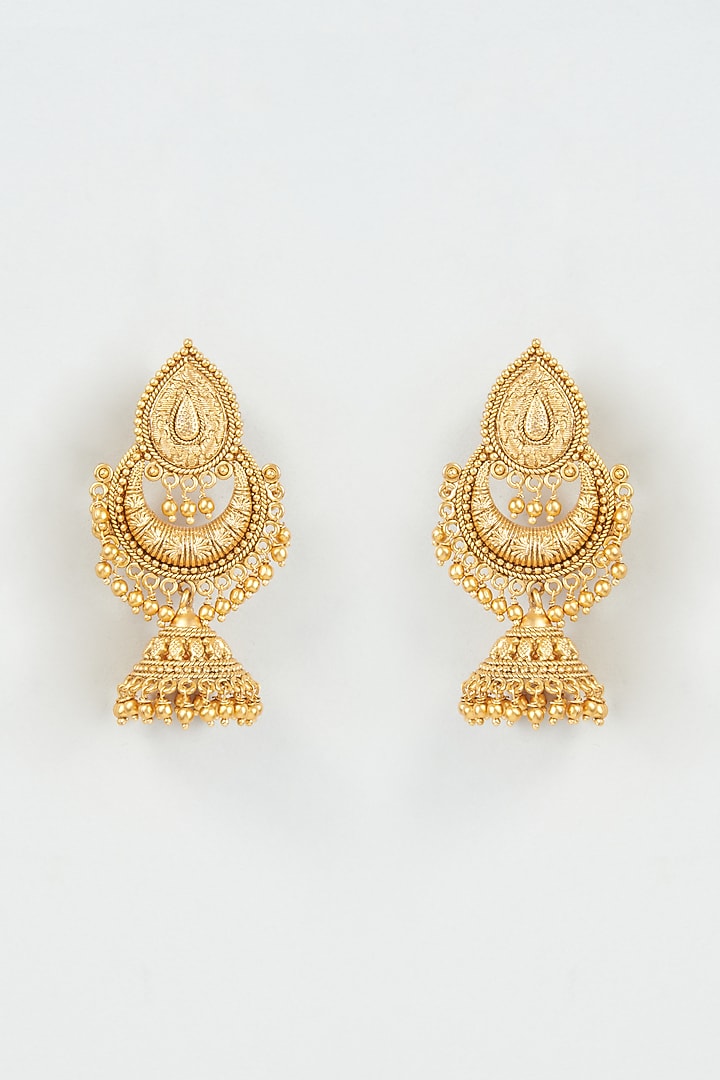Gold Finish Kundan Polki Temple Jhumka Earrings by VASTRAA Jewellery at Pernia's Pop Up Shop