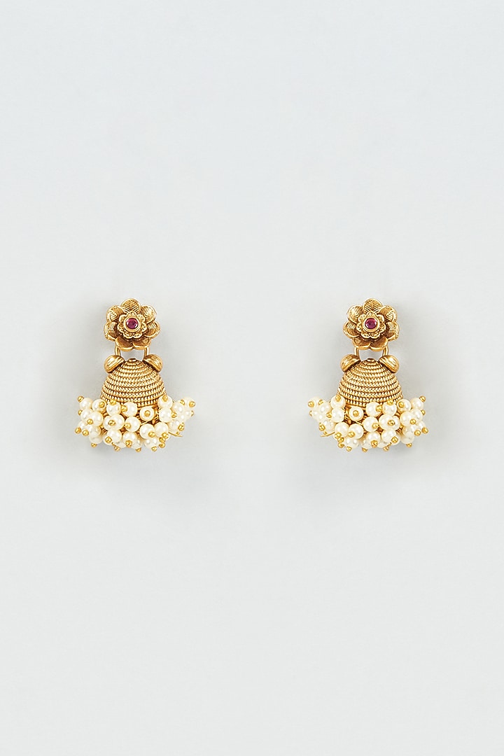 Gold Finish Temple Jhumka Earrings by VASTRAA Jewellery at Pernia's Pop Up Shop