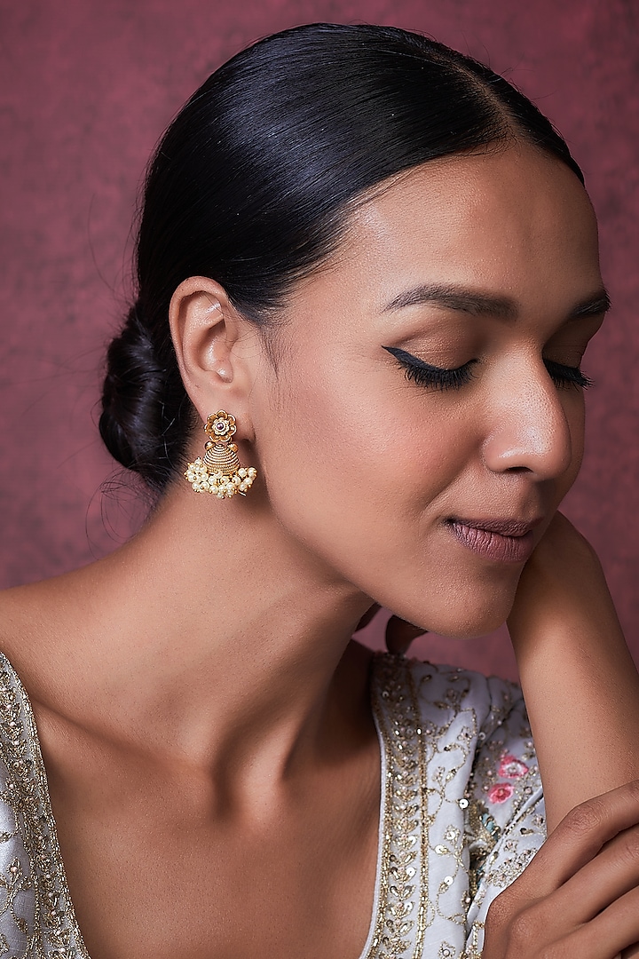 Gold Finish Temple Jhumka Earrings by VASTRAA Jewellery