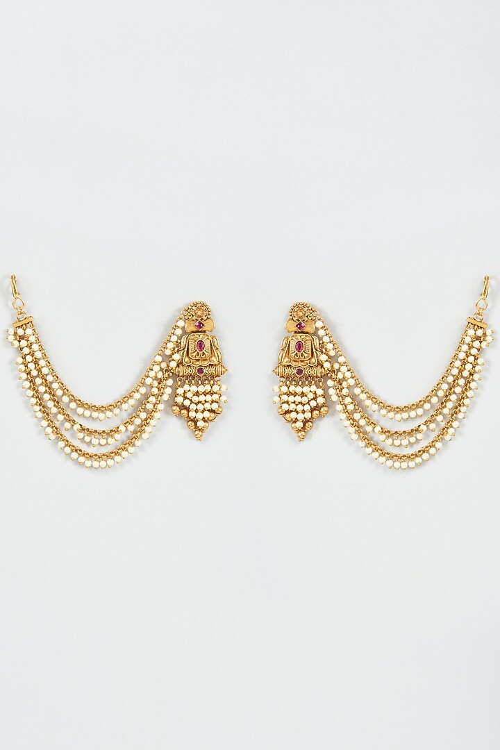 Gold Finish Kundan Polki Temple Dangler Earrings by VASTRAA Jewellery at Pernia's Pop Up Shop