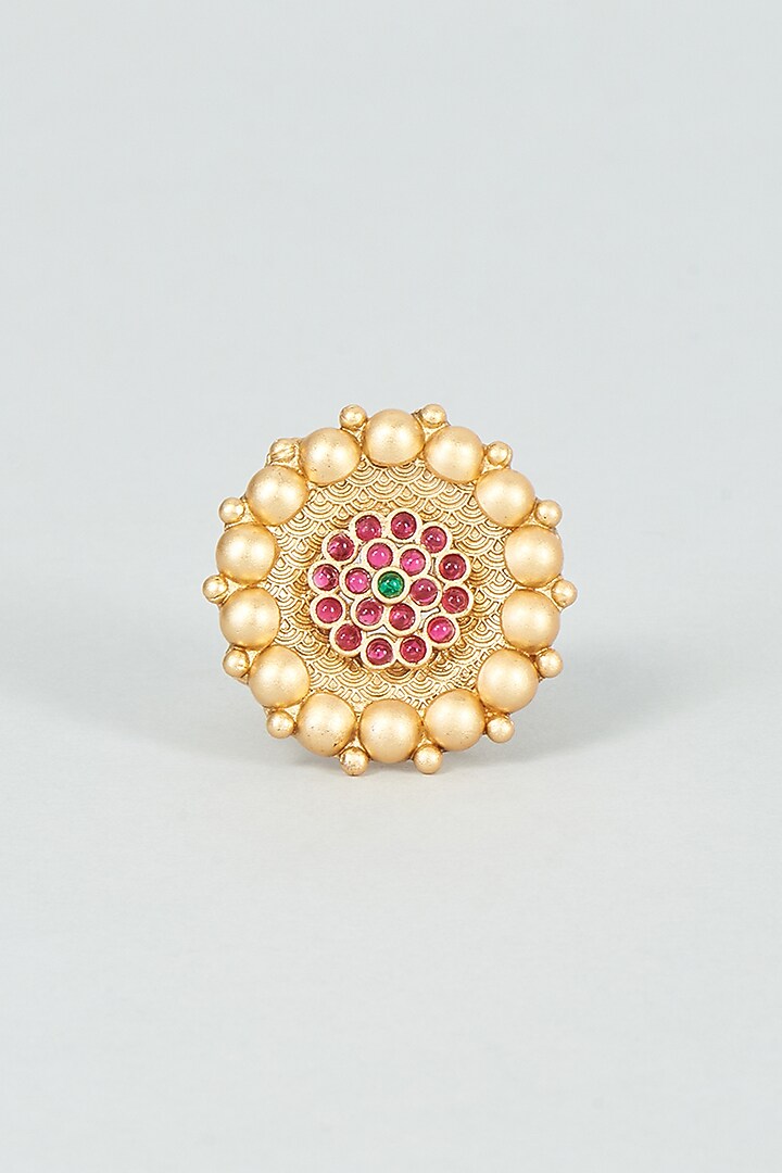 Gold Finish Ruby Synthetic Temple Ring by VASTRAA Jewellery at Pernia's Pop Up Shop